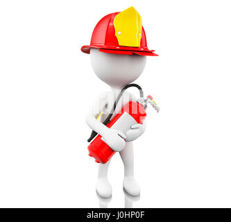 Illustration 3d. Pompier avec helment et extincteur. Concept de sécurité. Isolé sur fond blanc Banque D'Images