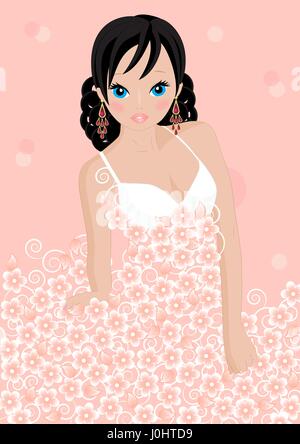 Jeune fille dans une robe à fleurs sur fond rose Illustration de Vecteur