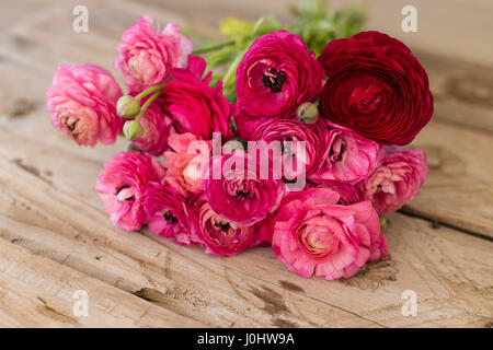 Bouquet de renoncules roses couché sur une table rustique Banque D'Images