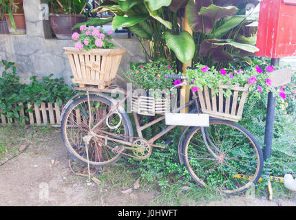 Vieux vélo décorées de fleurs dans le jardin Banque D'Images