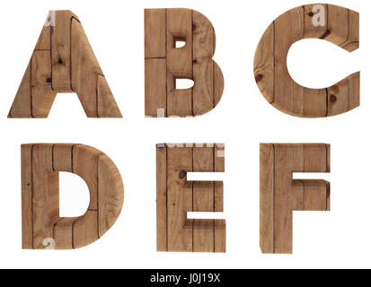 Lettres alphabet en bois langue anglais A B C D E F dans l'image de rendu 3D Banque D'Images