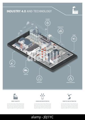 Parc industriel isométrique avec des personnes et des véhicules sur un smartphone, de l'industrie 4.0 concept et réalité augmentée Illustration de Vecteur