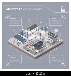 Parc industriel contemporain isométrique avec les usines, une centrale électrique, des travailleurs et des transports : l'industrie 4.0 infographie Illustration de Vecteur