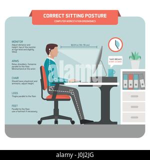 Corriger la posture de l'ergonomie : employée de bureau à l'aide d'un ordinateur et d'améliorer sa posture Illustration de Vecteur