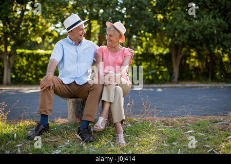 Smiling senior couple sitting on rock par route Banque D'Images