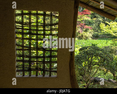 La fenêtre Réseau et vue sur jardin japonais traditionnel, le Musée Nezu, Omotesando, Tokyo, Japon Banque D'Images