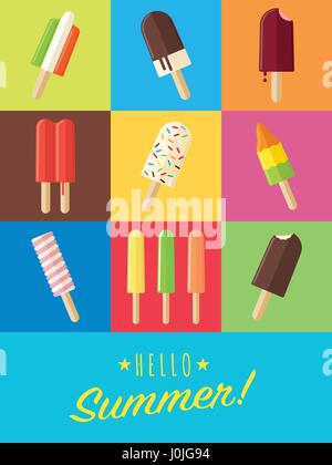 Hello summer vibrant poster design plat avec les popsicles et sucettes glacées Illustration de Vecteur