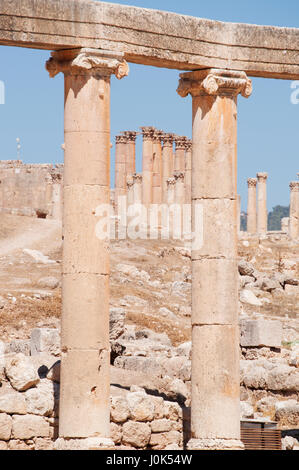 Jordanie : colonnes ioniques de l'Ovale Plaza, la place principale du site archéologique de Jerash, et les colonnes corinthiennes du Temple d'Artémis Banque D'Images