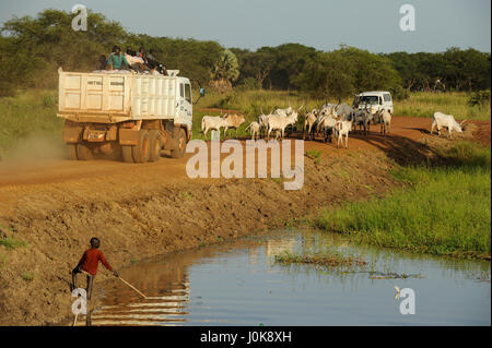 Soudan du Sud Lake States, route entre Juba et Rumbek à Bamam / pont poursuivi de Bahr el Ghazal au Soudan dans l'état des Lacs, Région , Bamam Bruecke, Strasse und zwischen Rumbek Juba, provisorische Bruecke ueber einen Fluss Banque D'Images