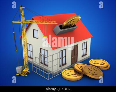 Illustration 3d de maison générique sur fond bleu avec coins et du site de construction Banque D'Images