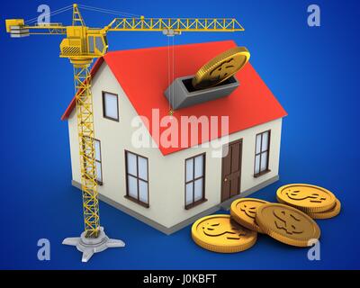 Illustration 3d de maison générique sur fond bleu avec coins et de grues. Banque D'Images