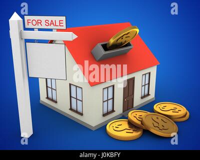 Illustration 3d de maison générique sur fond bleu avec coins et sale sign Banque D'Images