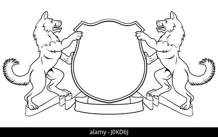 Les chiens ou les loups cimier des armoiries bouclier héraldique avec de chien ou de loup rampant d'accompagnement de chaque côté sur ses pattes Banque D'Images