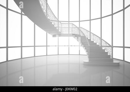 Le Rendu 3D White escalier incurvé dans une maison, illustration de l'intérieur, des maquettes Banque D'Images