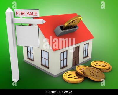 3d illustration de générique chambre sur fond vert avec coins et sale sign Banque D'Images