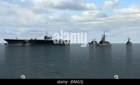 Porte-avions américain avec des destroyers et un croiseur dans l'océan pacifique vers la Corée du Nord. Le rendu 3D Banque D'Images