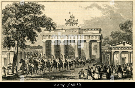 Gravure 1854 anciens, 'Porte de Brandebourg à Berlin, la Prusse.' La Porte de Brandebourg (Brandenburger Tor en allemand) est un 18e siècle monument néo-classique à Berlin, et l'un des plus célèbres monuments de l'Allemagne. Il est construit sur l'emplacement d'une ancienne porte de la ville qui a marqué le début de la route de Berlin à la ville de Brandenburg an der Havel. SOURCE : gravure originale. Banque D'Images