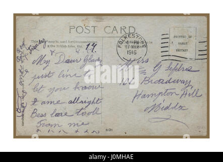 La Seconde Guerre mondiale 1 Poignant last minute carte postale envoyée en 1916 de Coquelles par soldat britannique, en route pour combattre en France Banque D'Images
