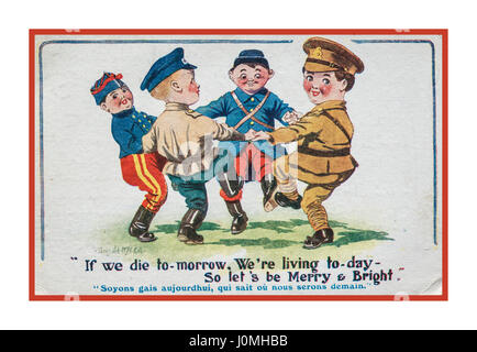 La Seconde Guerre mondiale historique Vintage 1 Carte postale datée de 1916 un soldat britannique sur le front occidental illustrant ( L-R) Happy-américain, français, britanniques et russes, danser ensemble avec devise "poignant si nous mourir demain , nous vivons aujourd'hui donc nous allons être joyeux et lumineux Banque D'Images