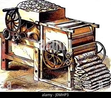 Illustration d'une mécanique complexe gin de coton avec des engrenages et des leviers de coton devant servir à la transformation des textiles, 1878. Remarque : l'image a été colorisée numériquement à l'aide d'un processus moderne. Les couleurs peuvent ne pas être exacts à l'autre. Banque D'Images