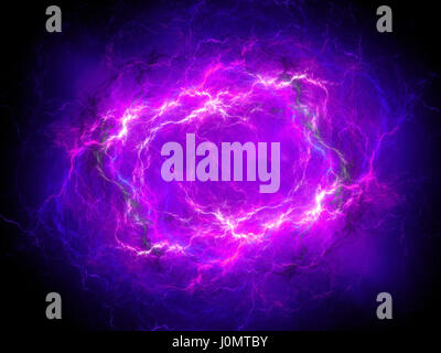 La foudre plasma lumineux violet dans l'espace, générée par ordinateur résumé fond, 3D Rendering Banque D'Images