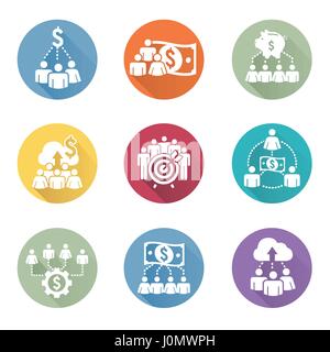 Les gens qui travaillent ensemble pour financer différentes idées en ligne w/ Argent Icon Set Illustration de Vecteur