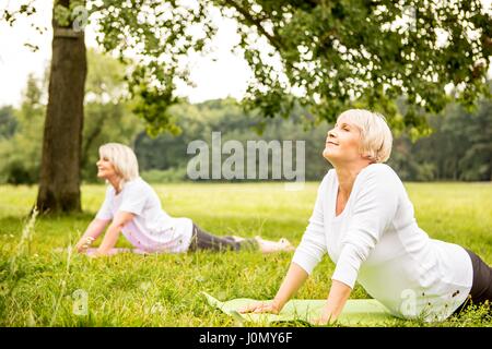 Deux femmes faisant du yoga dans le champ. Banque D'Images