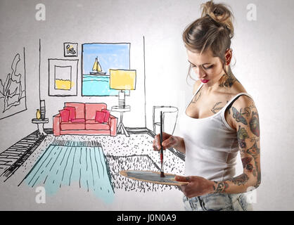 Femme tatouée peinture appelée salle de séjour Banque D'Images