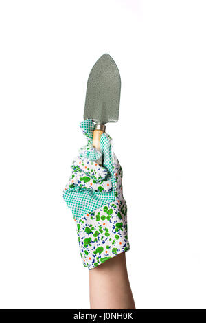 Main dans jardin outil de jardinage holding gants de travail Banque D'Images