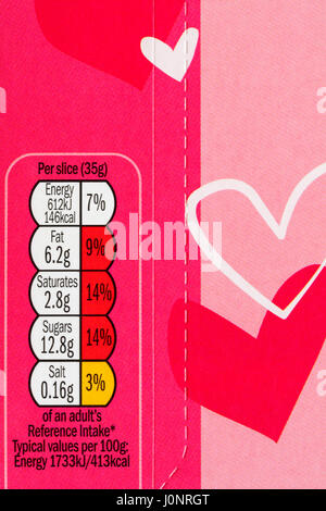 Informations GDA avec feu Système de codage couleur sur carton de Mr Kipling Vous êtes fou moi la cuisson des tranches de bakewell Banque D'Images