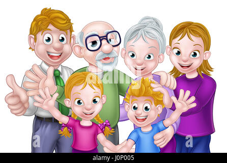 Cartoon happy three generation family avec parents, enfants et grands-parents Banque D'Images