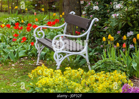 Jardin de tulipes fleuries, banc de jardin de printemps de siège dans la pelouse de jardin fleurie, sous le banc de jardin de fleurs de printemps d'arbre Banque D'Images