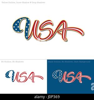 Vector illustration d'un lettrage sur mesure du mot "USA" en trois versions. Le texte suit le flux d'une forme drapeau américain. Tous les ele Illustration de Vecteur