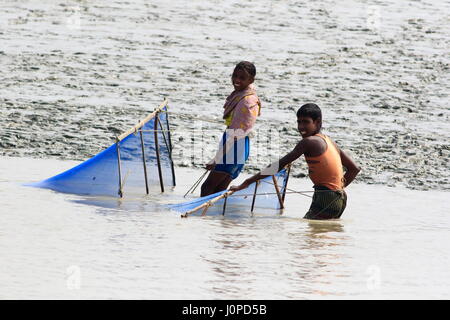 Les jeunes enfants attraper des crevettes sur le fleuve Meghna, Nijhum Dwip à Noakhali, Bangladesh Banque D'Images