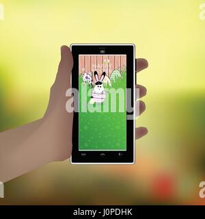 Pâques. De tenir dans vos mains un téléphone intelligent. Illustration pour votre conception. Hibou lapin-blanc marin avec des objets pour le nettoyage. Nettoyer le jeudi Illustration de Vecteur