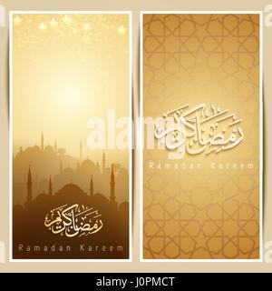 Modèle de carte de vœux avec islamique et arabe de la mosquée d'or de modèle pour des bougies de Ramadan Kareem Illustration de Vecteur