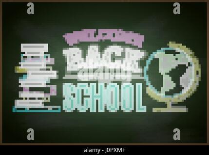 Bienvenue de nouveau à l'école Tableau d'illustration vectorielle, l'arrière-plan. Lettrage craie de couleur avec des livres et globe Illustration de Vecteur