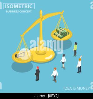 Télévision 3D isométrique des gens d'affaires à la recherche d'idées et d'ampoule à l'équilibre de l'argent sur l'échelle, l'idée, c'est money concept Illustration de Vecteur