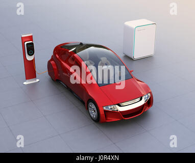 Véhicule électrique métallique rouge, et de la station de charge de la batterie. Le rendu 3D image. Banque D'Images