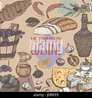 Une cuisine méditerranéenne couleur modèle. avec du pain, vin, fromage, olives, fruits de mer. Illustration de Vecteur