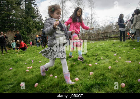 Vancouver, Canada. Apr 15, 2017. Enfants de chercher des œufs au cours de l'événement annuel de chasse aux œufs de Pâques au Jardin Botanique Van Dusen à Vancouver, Canada, le 15 avril 2017. Résidents et enfants ont suivi la tradition ici le samedi en participant à la 9e chasse aux œufs annuelle tenue à Van Dusen Jardin botanique de célébrer la Pâques. Credit : Liang Sen/Xinhua/Alamy Live News Banque D'Images