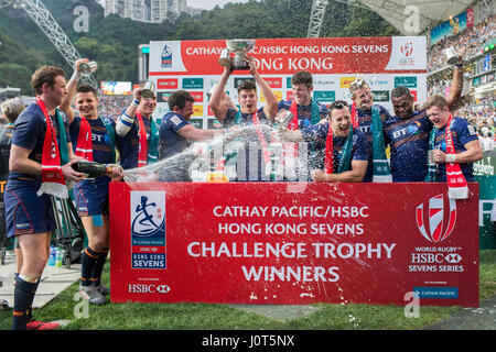 Hong Kong, Chine. 07Th avr, 2017. Ecosse : le gagnant du Défi trophée au jeu de tournoi de rugby à 7 à Hong Kong, Chine, du 07 jusqu'au 09 avril 2017. - Pas de service de fil- Photo : Jürgen Keßler/dpa/Alamy Live News Banque D'Images