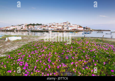 Village de pêcheurs de Ferragudo en Algarve, Portugal avec des bateaux et des fleurs en premier plan Banque D'Images