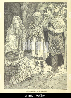 Idylles of the King est un recueil de poèmes narratifs d'Alfred, Lord Tennyson, mettant l'accent sur les légendes arthuriennes. Cette édition présente des illustrations et des décorations de G. W. Rhead et L. Rhead. Banque D'Images