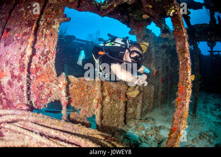 Plongée sous marine natation à travers une vieille épave sous-marine Banque D'Images