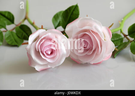 L'argile avec de l'art merveilleux de fleurs roses roses reléter sur fond blanc, belles fleurs artificielles de l'artisanat habile avec Banque D'Images