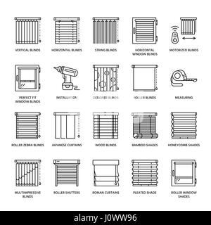 Stores, icônes de ligne de nuances. Plusieurs chambres ont une décoration, volets roulants, rideaux, romain stores horizontaux et verticaux. Interior design linéaire mince panneaux pour chambre boutique Illustration de Vecteur