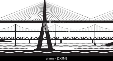 Plusieurs ponts traversent la rivière - vector illustration Illustration de Vecteur