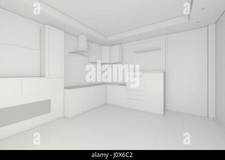 Design intérieur de cuisine blanc propre et moderne. Le rendu 3D Banque D'Images