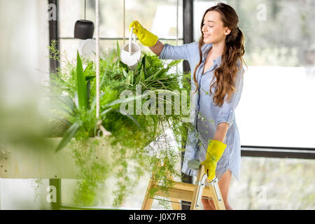 Jeune jardinier dans l'Orangerie de plantes vertes Banque D'Images